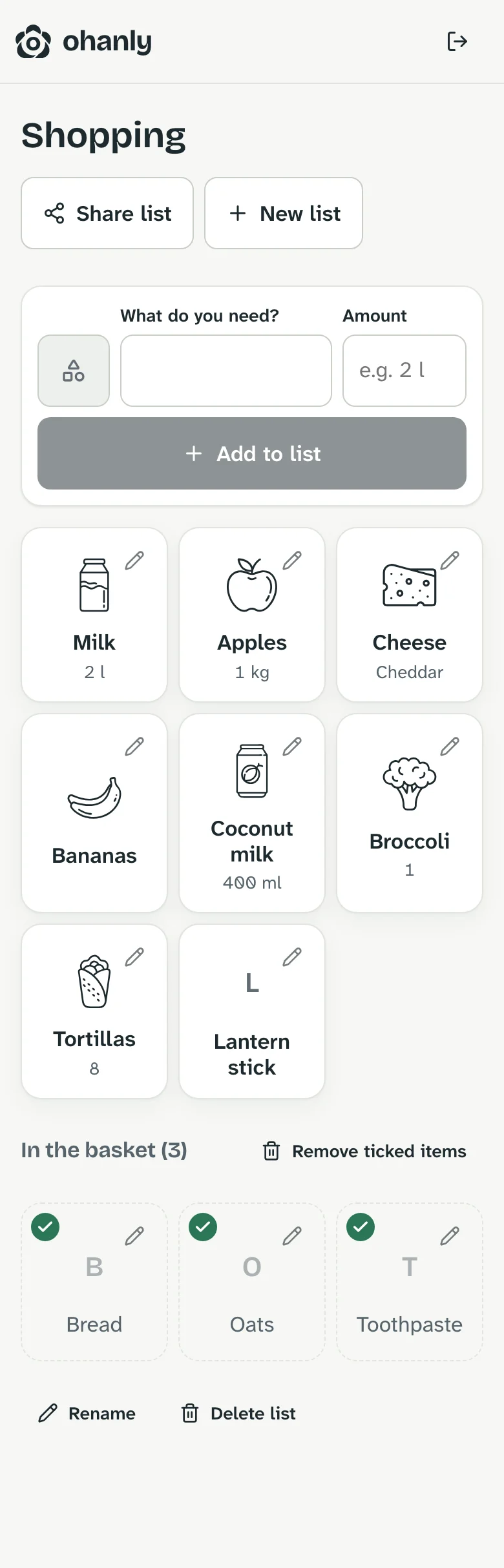 Shopping list as tiles with icons: milk, apples, cheese, coconut milk, broccoli and tortillas; bread, oats and toothpaste already in the basket