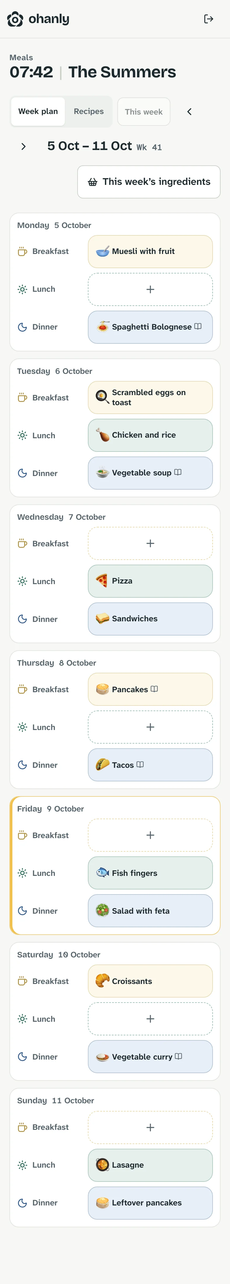 The week’s meal plan from Monday to Sunday