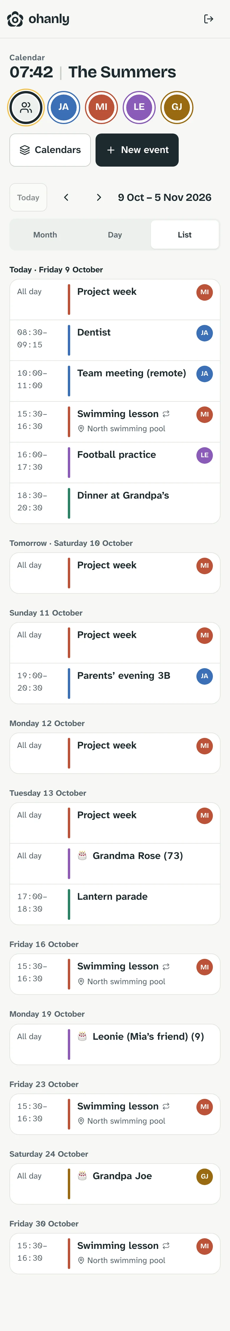 Calendar on a phone: list of events from today onwards