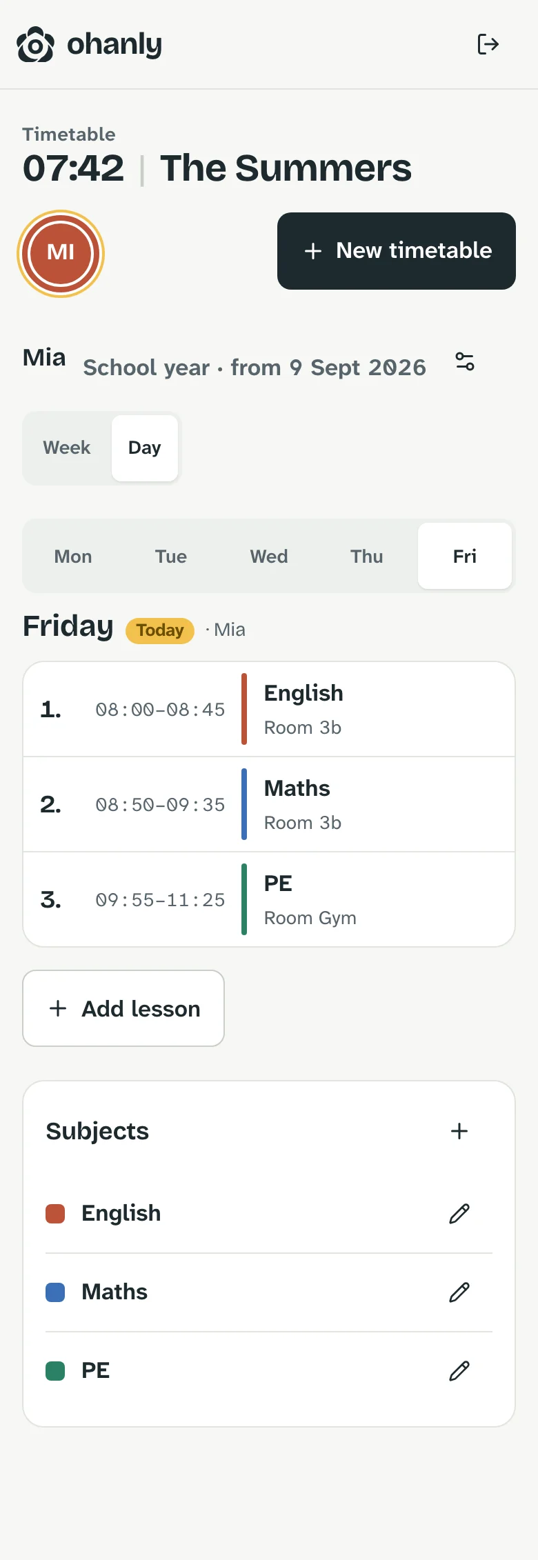 Mia’s timetable for Tuesday: English, Maths and PE with times and rooms