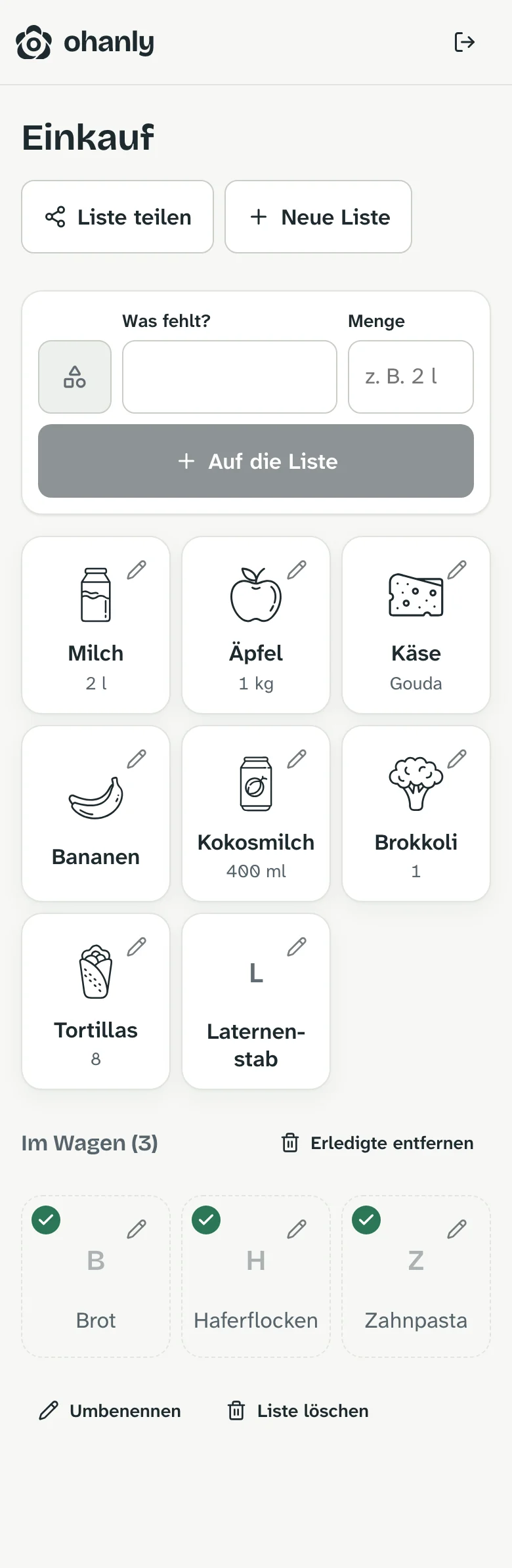 Einkaufsliste als Kacheln mit Symbolen: Milch, Äpfel, Käse, Kokosmilch, Brokkoli und Tortillas; Brot, Haferflocken und Zahnpasta schon im Wagen