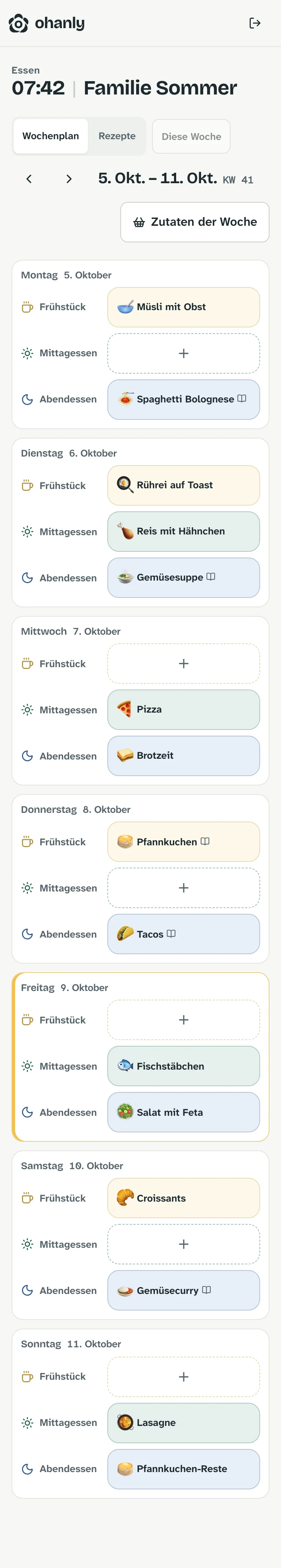 Essensplan der Woche von Montag bis Sonntag