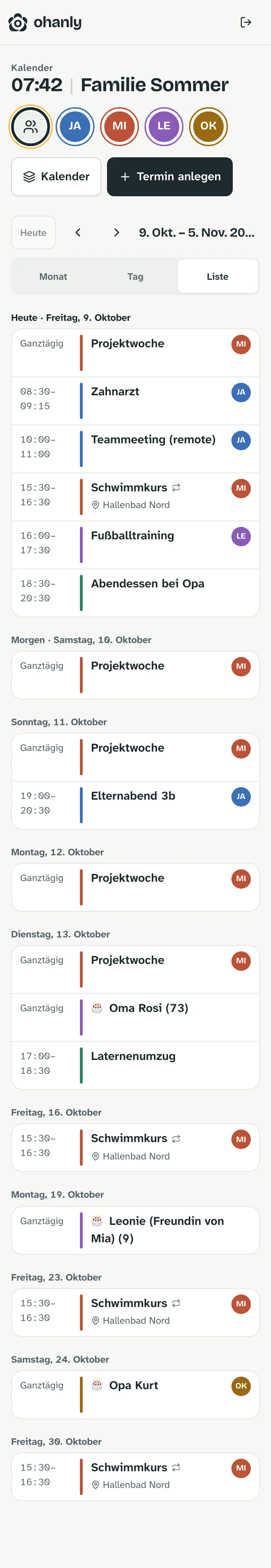 Familienkalender auf dem Smartphone: Terminliste von heute bis Ende Oktober